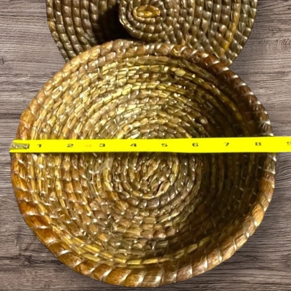 Vintage Woven Coiled Basket With Lid Brown Beige Tribal Boho 8.5” wide